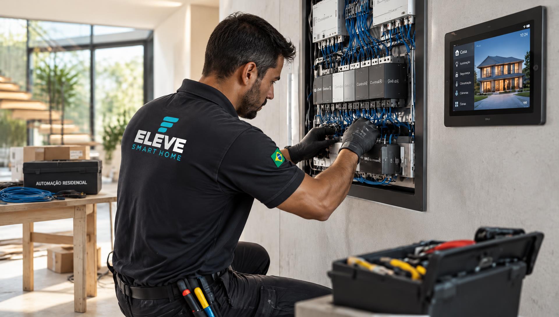 Técnico instalando painel de automação em obra